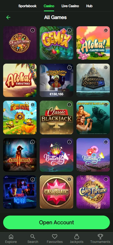 ComeOn Casino mobile lobby