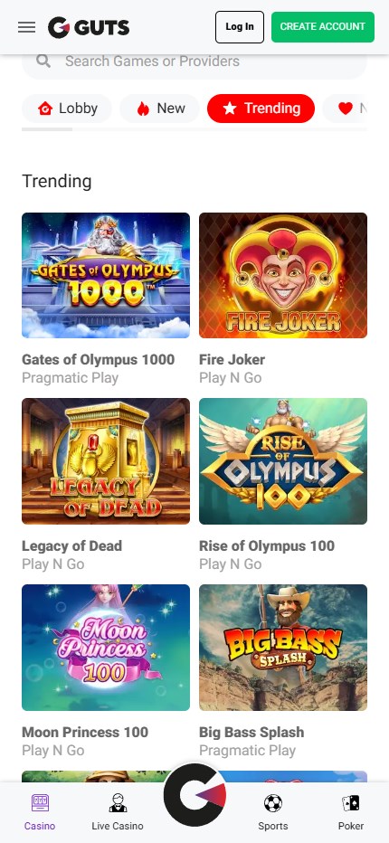 Guts Casino mobile lobby